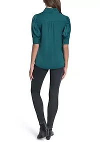 Women's Printed Puff Sleeve Shirt with Stand Collar