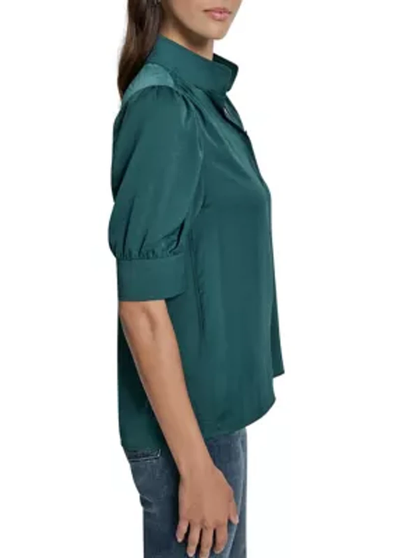 Women's Printed Puff Sleeve Shirt with Stand Collar