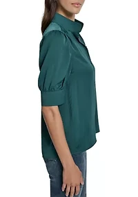 Women's Printed Puff Sleeve Shirt with Stand Collar