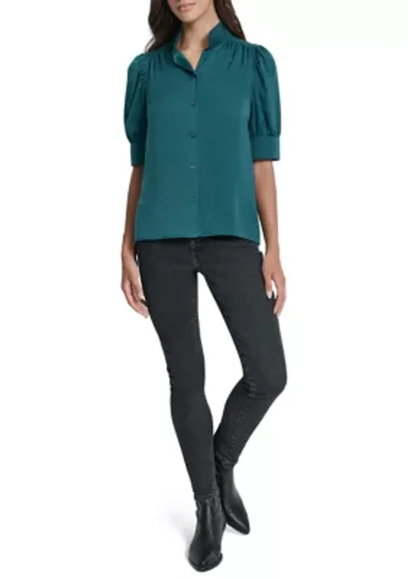 Women's Printed Puff Sleeve Shirt with Stand Collar