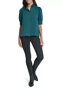 Women's Printed Puff Sleeve Shirt with Stand Collar