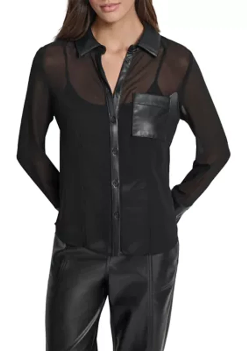 Women's Mixed Media Semi-Sheer Crepe Button Front Blouse