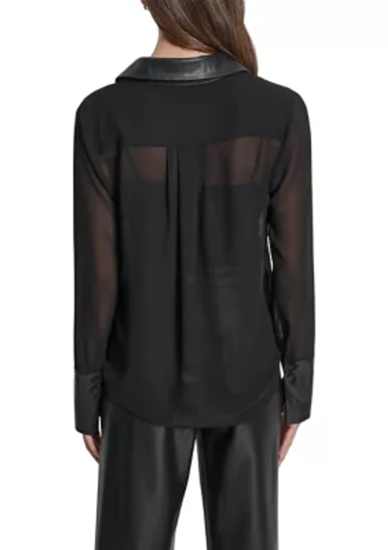 Women's Mixed Media Semi-Sheer Crepe Button Front Blouse
