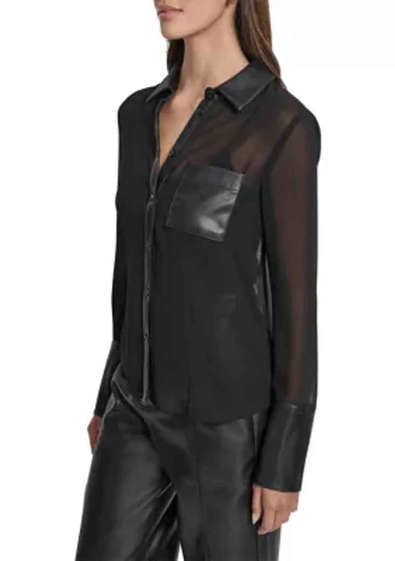 Women's Mixed Media Semi-Sheer Crepe Button Front Blouse