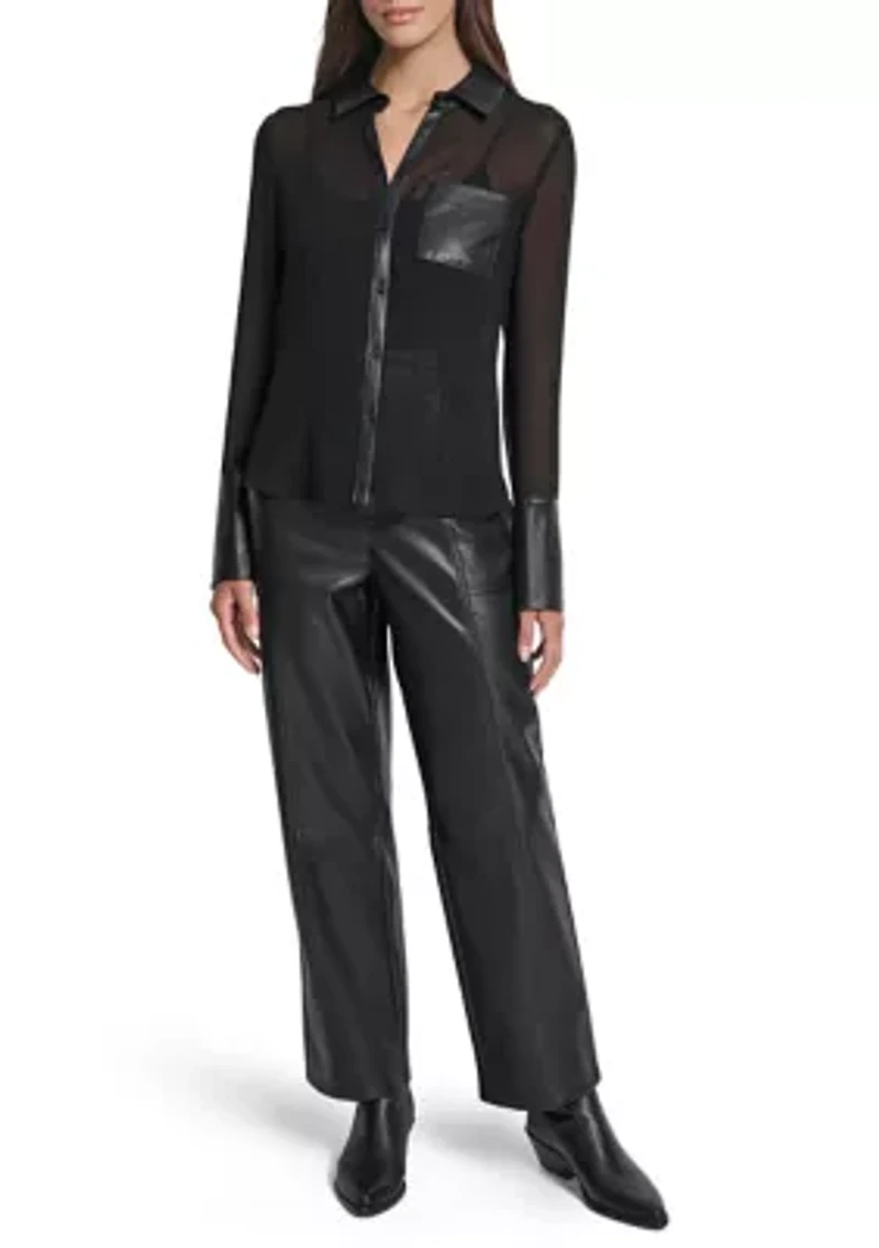 Women's Mixed Media Semi-Sheer Crepe Button Front Blouse