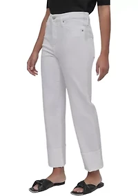 Women's High Rise Classic Straight Trousers with Raw Edge Pressed Cuffs