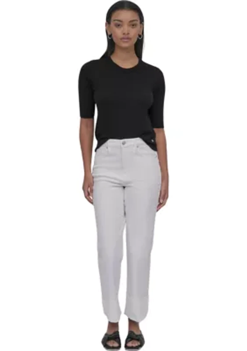 Women's High Rise Classic Straight Trousers with Raw Edge Pressed Cuffs