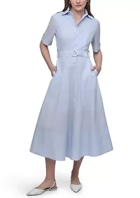Women's Dropped Waist Button Front Belted Poplin Dress