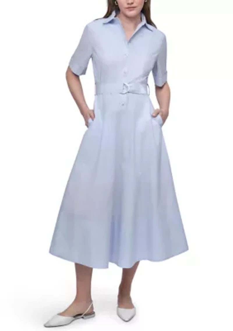 Women's Dropped Waist Button Front Belted Poplin Dress