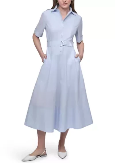 Women's Dropped Waist Button Front Belted Poplin Dress