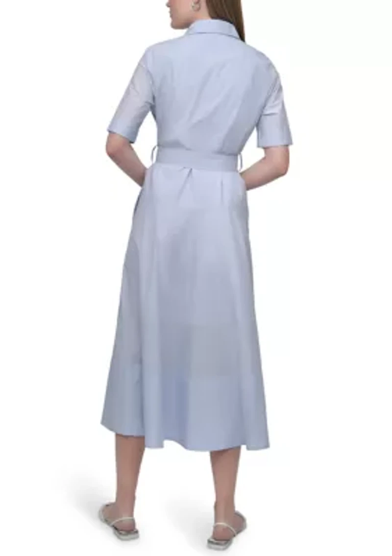 Women's Dropped Waist Button Front Belted Poplin Dress