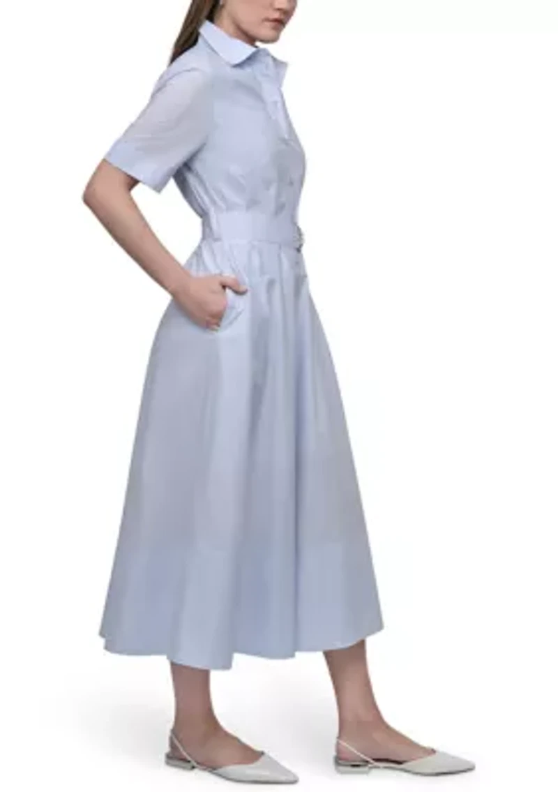 Women's Dropped Waist Button Front Belted Poplin Dress