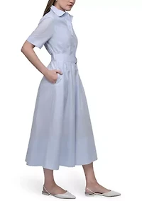 Women's Dropped Waist Button Front Belted Poplin Dress