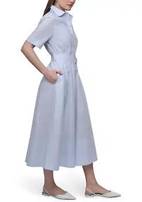 Women's Dropped Waist Button Front Belted Poplin Dress