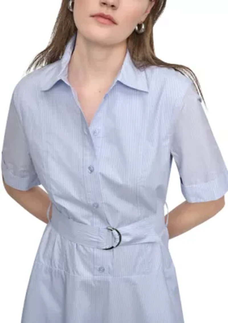 Women's Dropped Waist Button Front Belted Poplin Dress