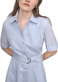 Women's Dropped Waist Button Front Belted Poplin Dress