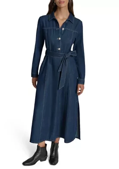 Women's Long Sleeve Belted Denim Maxi Shirtdress
