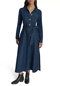 Women's Long Sleeve Belted Denim Maxi Shirtdress