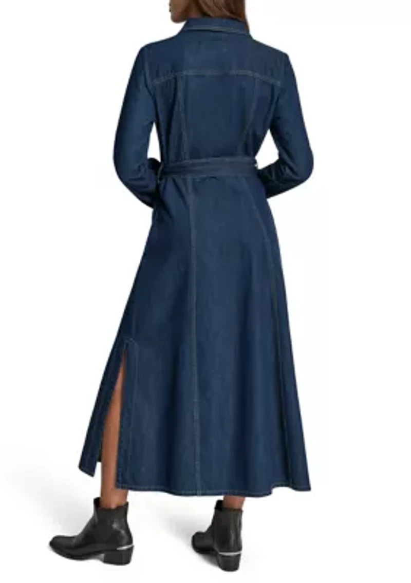 Women's Long Sleeve Belted Denim Maxi Shirtdress