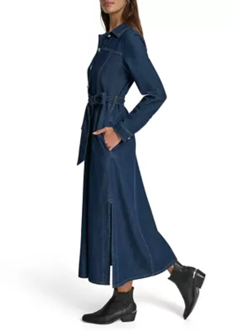 Women's Long Sleeve Belted Denim Maxi Shirtdress
