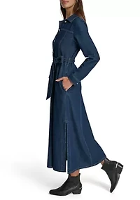 Women's Long Sleeve Belted Denim Maxi Shirtdress