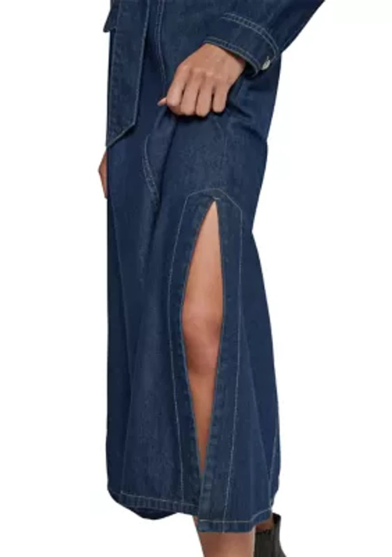 Women's Long Sleeve Belted Denim Maxi Shirtdress