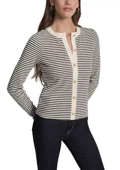 Women's Thermal Rib Long Sleeve Button Front Short Cardigan