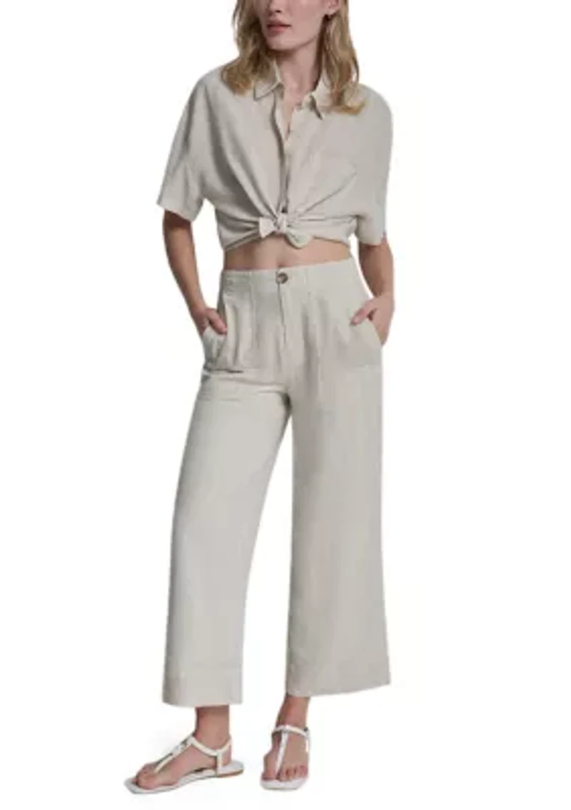 Women's Cropped Wide Leg Linen Pants with Front Porkchop Pockets