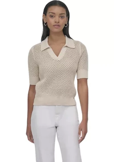 Women's Open Pointelle Stitch Cropped Sleeveless Polo Shirt