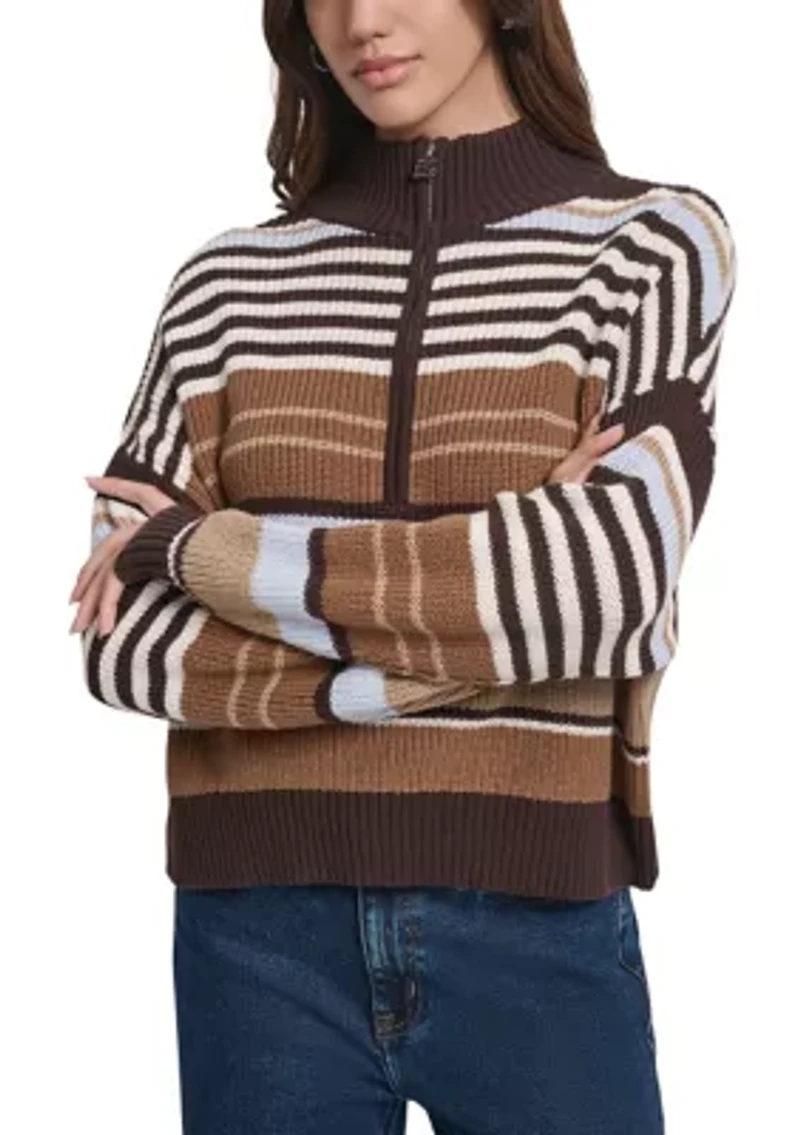Women's 1/4 Zip Front Striped Sweater