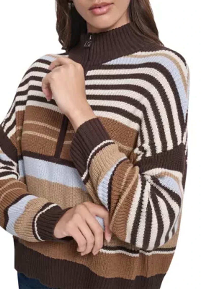Women's 1/4 Zip Front Striped Sweater