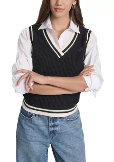 Women's V-Neck Tipped Sleeveless Sweater