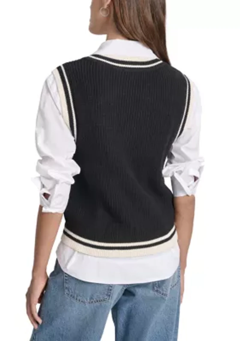 Women's V-Neck Tipped Sleeveless Sweater