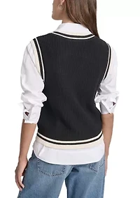 Women's V-Neck Tipped Sleeveless Sweater