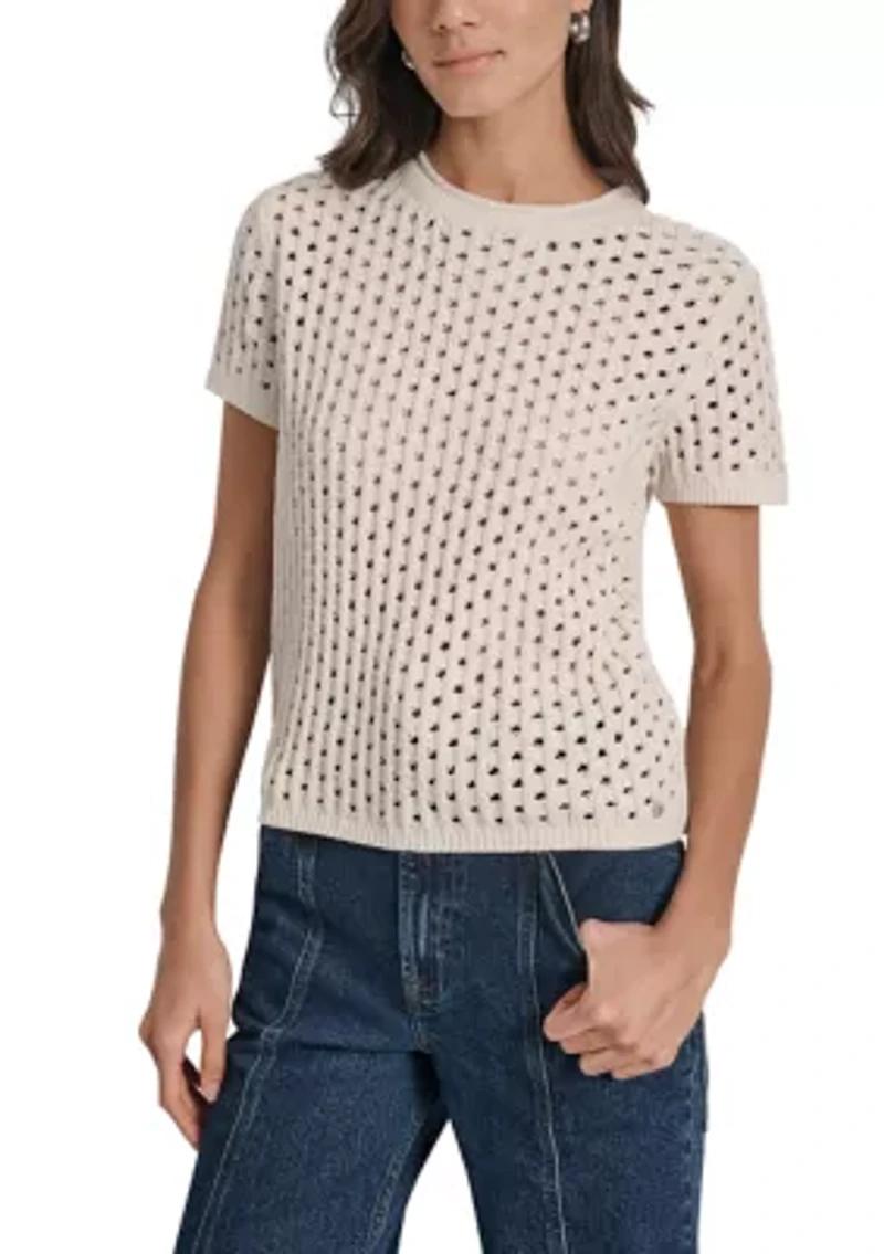 Women's Open Stitch Crew Neck Short Sleeve Sweater