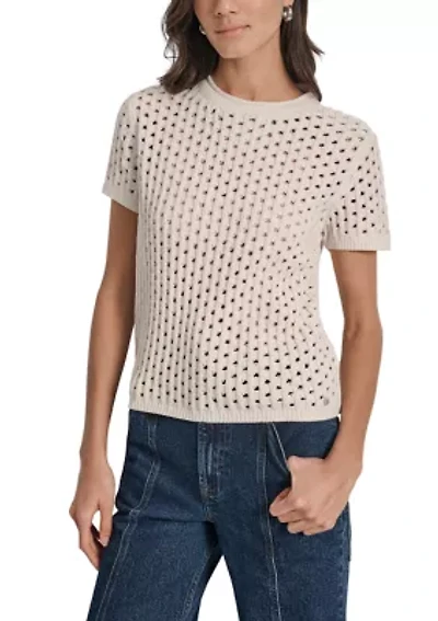 Women's Open Stitch Crew Neck Short Sleeve Sweater