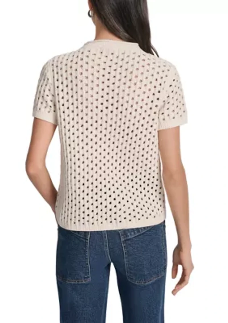 Women's Open Stitch Crew Neck Short Sleeve Sweater