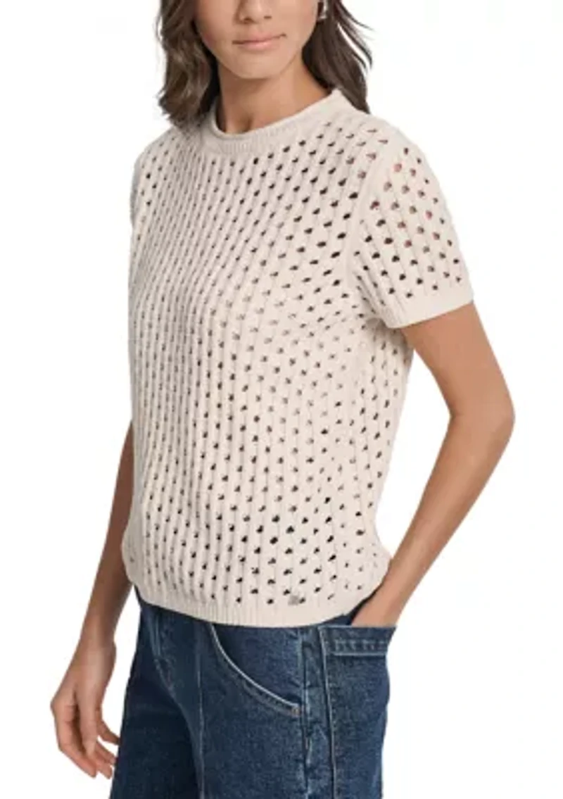 Women's Open Stitch Crew Neck Short Sleeve Sweater