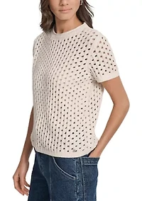Women's Open Stitch Crew Neck Short Sleeve Sweater
