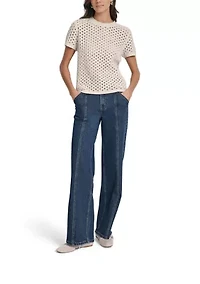 Women's Open Stitch Crew Neck Short Sleeve Sweater