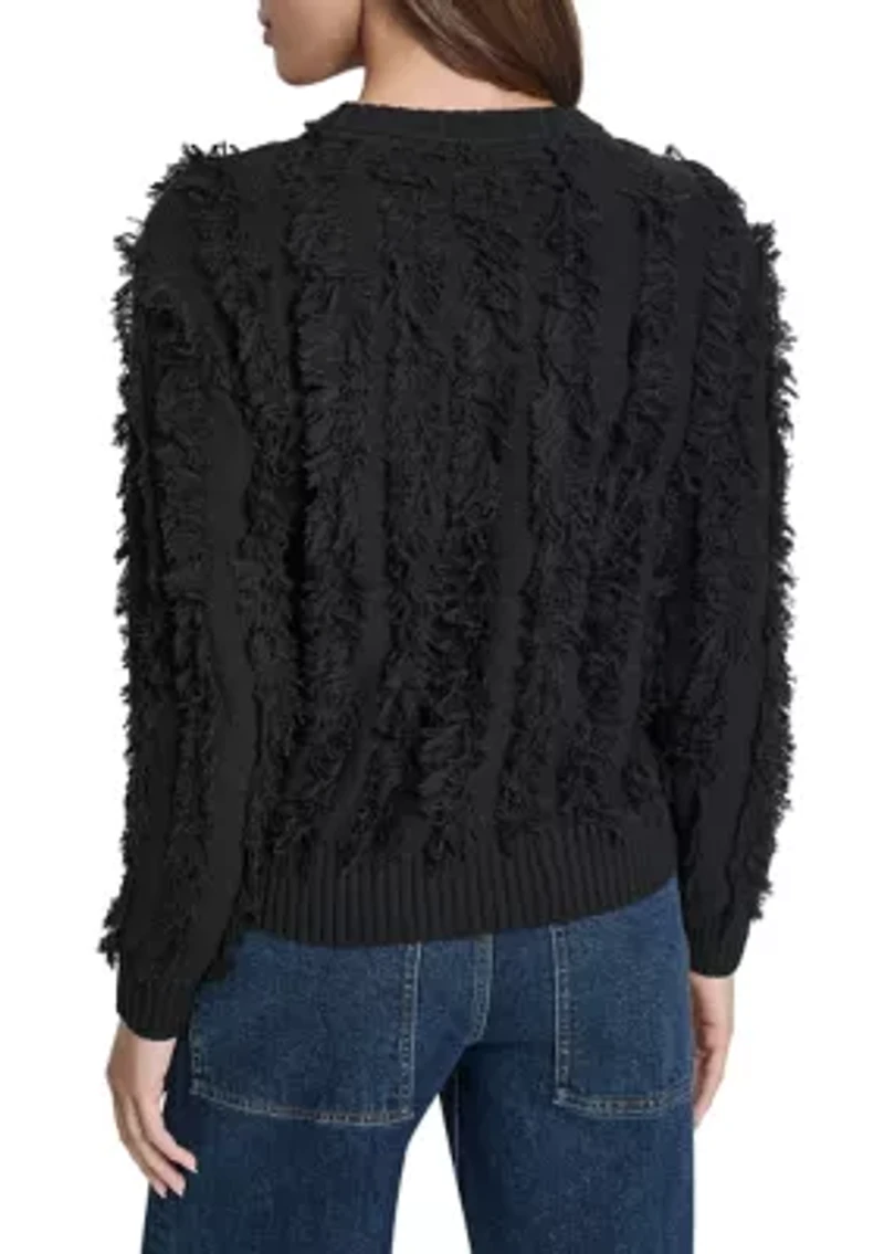 Women's Long Sleeve Crew Neck Fringe Sweater