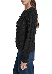 Women's Long Sleeve Crew Neck Fringe Sweater