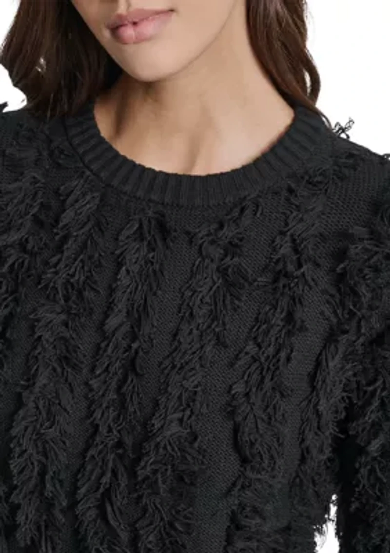 Women's Long Sleeve Crew Neck Fringe Sweater