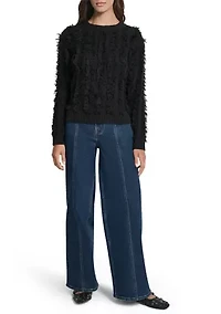 Women's Long Sleeve Crew Neck Fringe Sweater