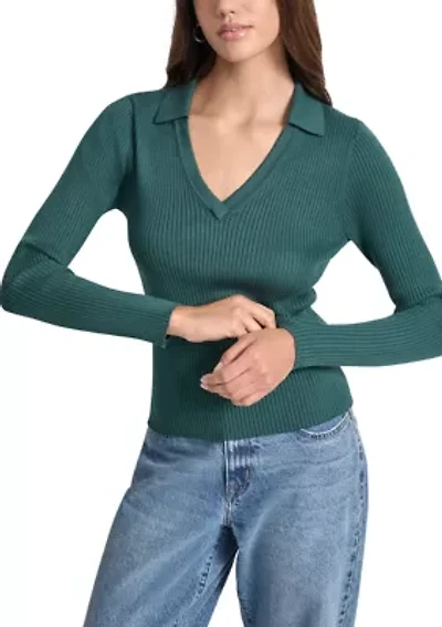 Women's Rib Long Sleeve Collared Sweater with Rhinestone Cuffs
