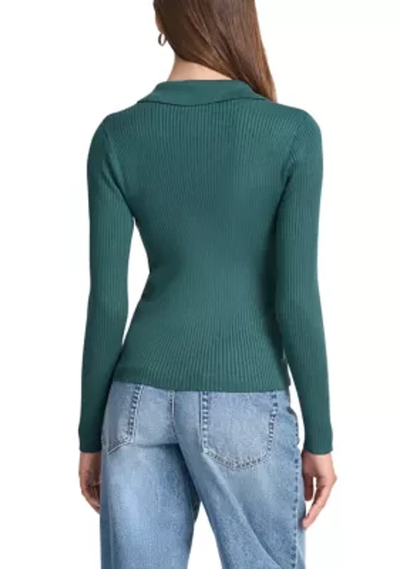 Women's Rib Long Sleeve Collared Sweater with Rhinestone Cuffs