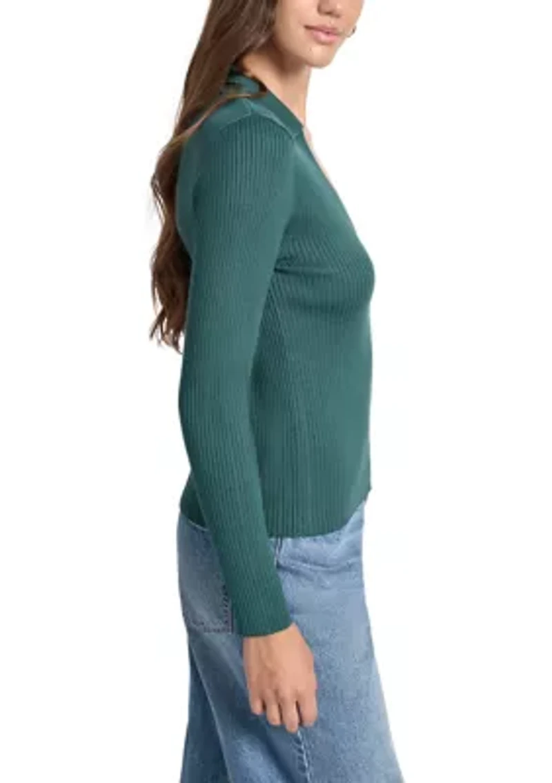 Women's Rib Long Sleeve Collared Sweater with Rhinestone Cuffs