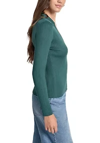 Women's Rib Long Sleeve Collared Sweater with Rhinestone Cuffs