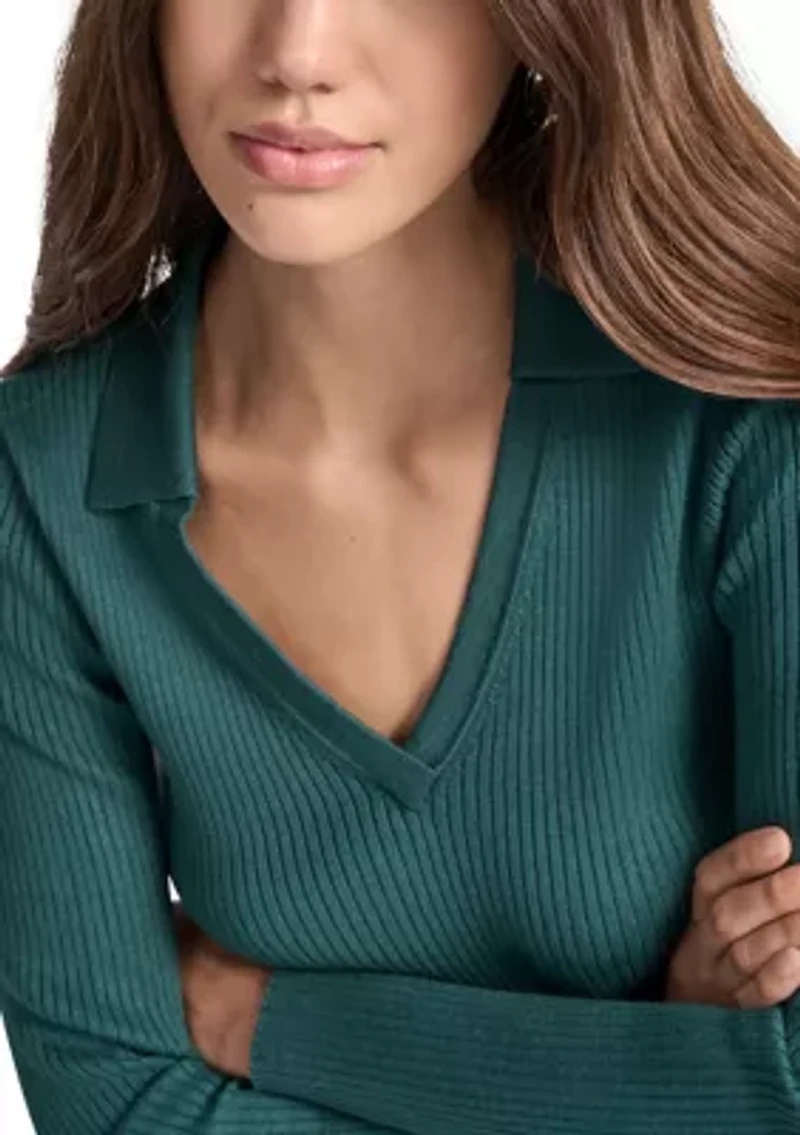 Women's Rib Long Sleeve Collared Sweater with Rhinestone Cuffs