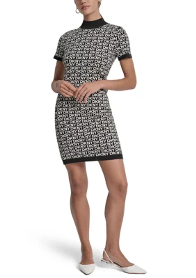 Women's Logo Jacquard Short Sleeve Mock Neck Mini Dress